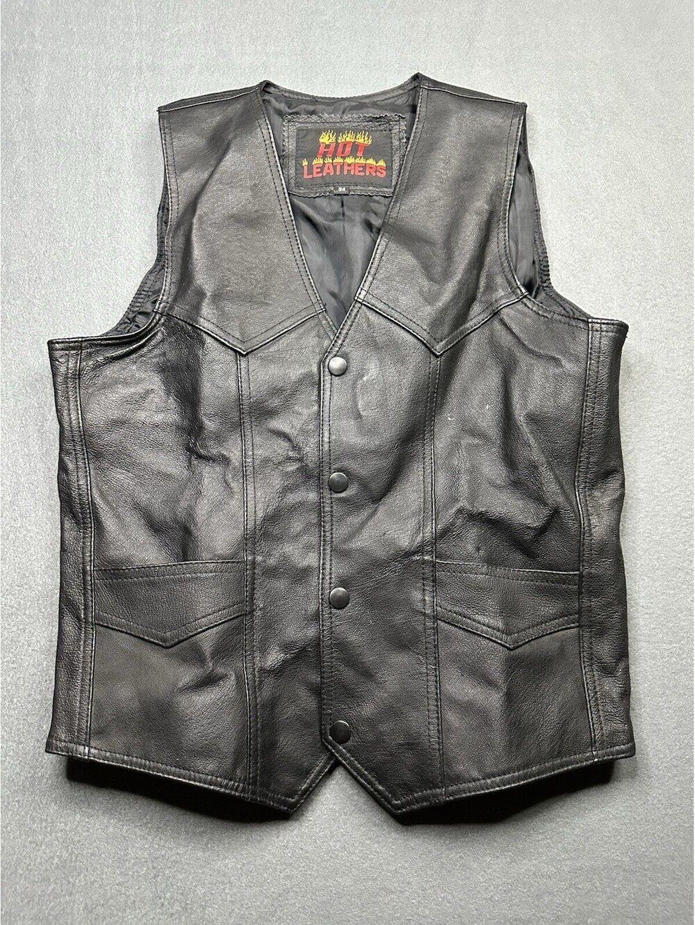 Hot Leathers Mens Black Leather Sleeveless Pockets Biker Vest Size Small